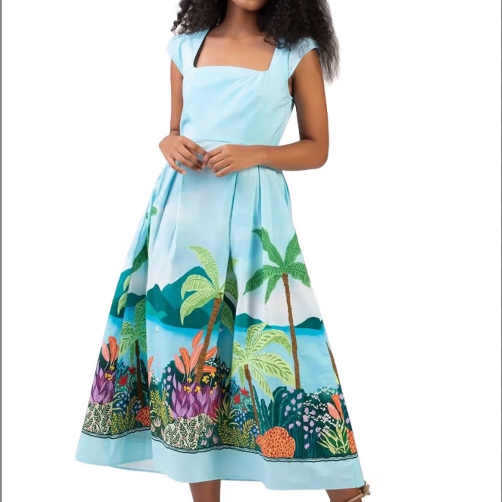 CELINA MOON Mirellie Midi Dress, Blue and Green Midi Dress with Scenic Print